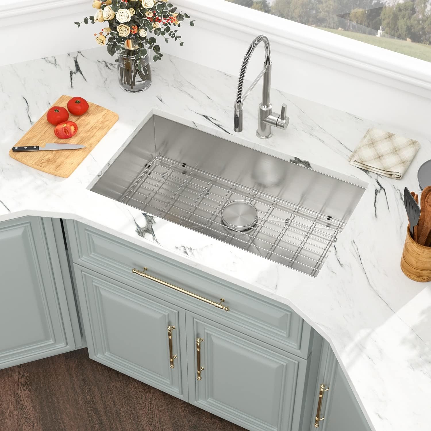 Kichae 32 Inch Undermoun Kitchen Sink Single Bowl Stainless Steel Undermount 16 Gauge Round Corner Handmade Modern Rectangular Under Counter Kitchen Sinks - Image 2