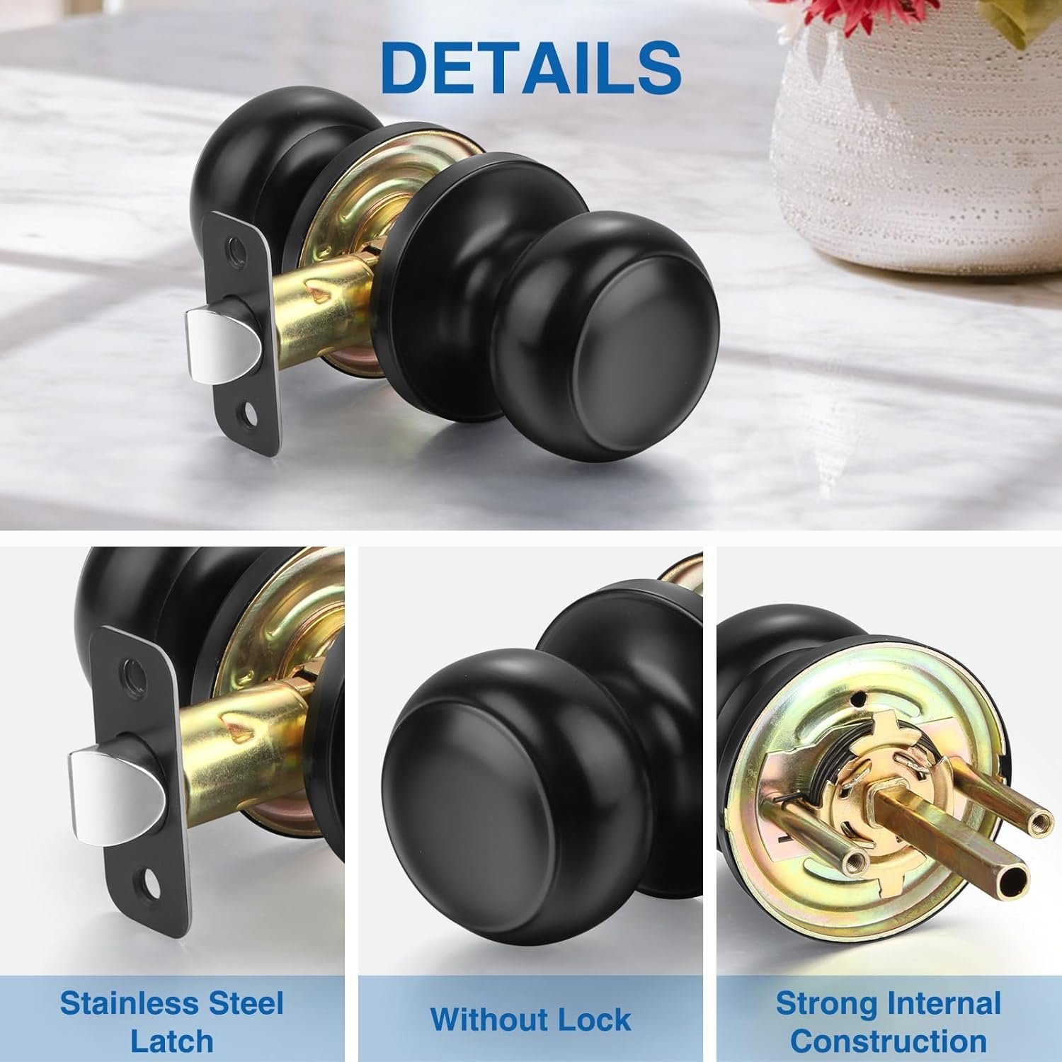 Sopoby Black Door Knob, 5 Pack Round Keyless Doorknobs Interior/Exterior Lockset, Passage Locking Door Knobs for Bedroom/Bathroom, Black Modern Design Door Hardware - Image 7
