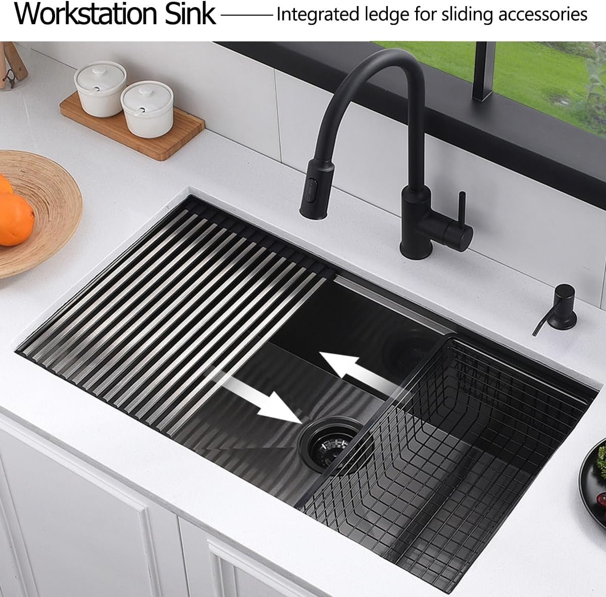 32 Black Undermount Workstation Kitchen Sink, Luckyhorse 32x19 Inches 16 Gauge Gunmetal Black Stainless Steel Undermount Workstation Kitchen Sink LH014S - Image 3