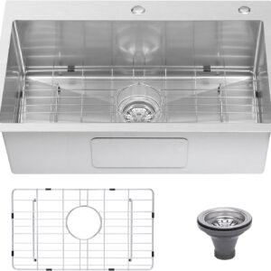Drop In Kitchen Sink 33×22″, 9″ Basin Depth, 18 Gauge Stainless Steel Sink, 3D Embossed Surface Finish Top Mount with Accessories