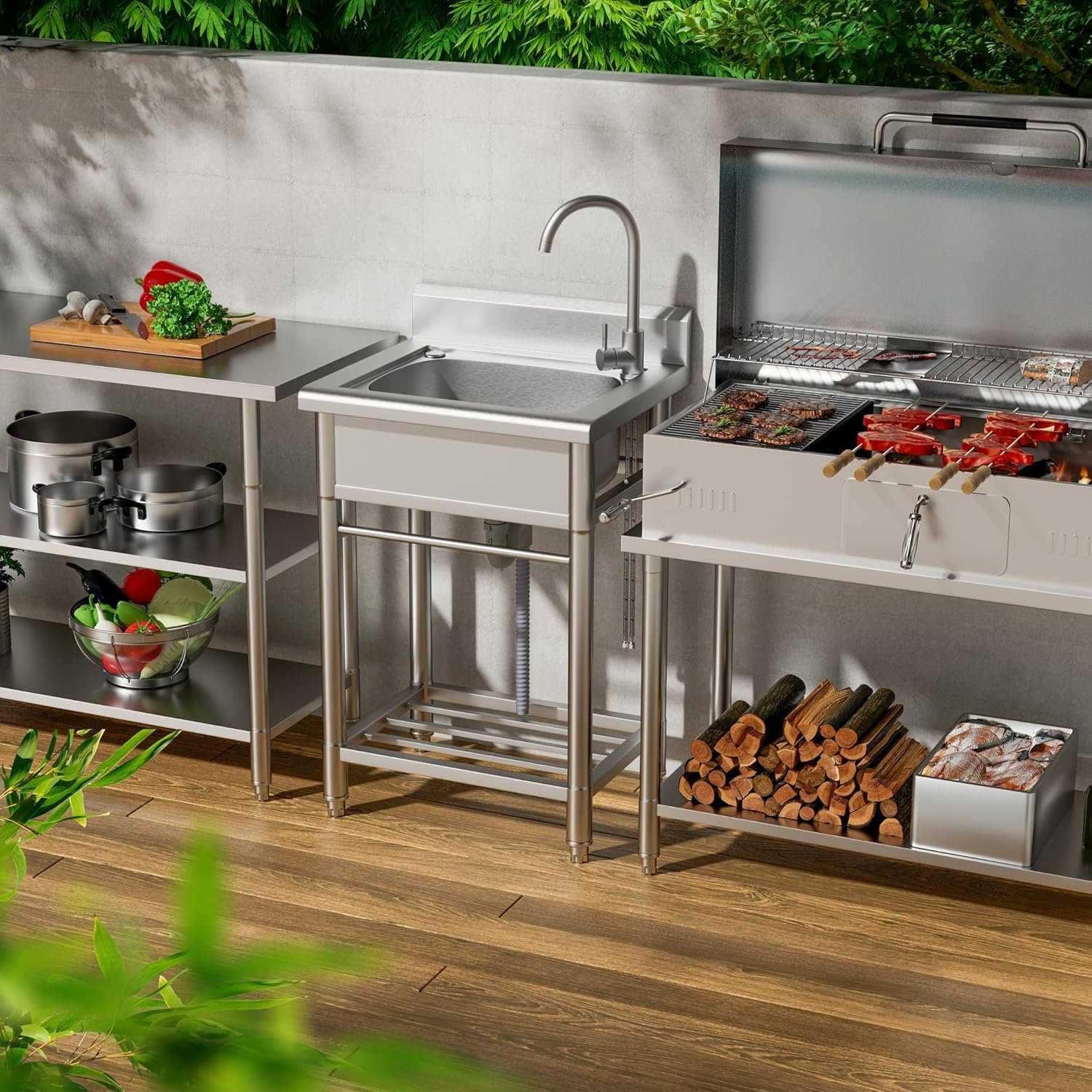 Utility Sink Free Standing Single Bowl Kitchen Sink with Cold and Hot Water Pipe Stainless Steel Sink for Laundry Room Bathroom Farmhouse - Image 2