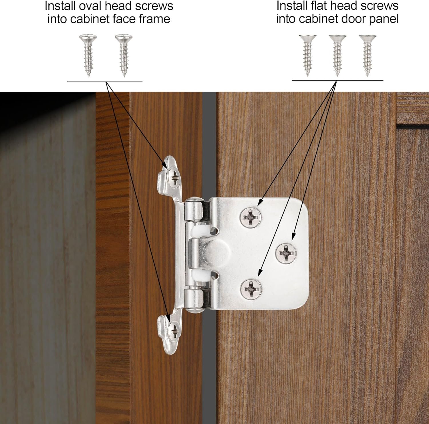 4 Pack (2 Pair) Brushed Satin Nickel Self Closing Cabinet Hinges for Flush Mount Kitchen Cabinet Door, 1/2" Overlay (Variable) Face Frame Semi Concealed Hinges - Image 5