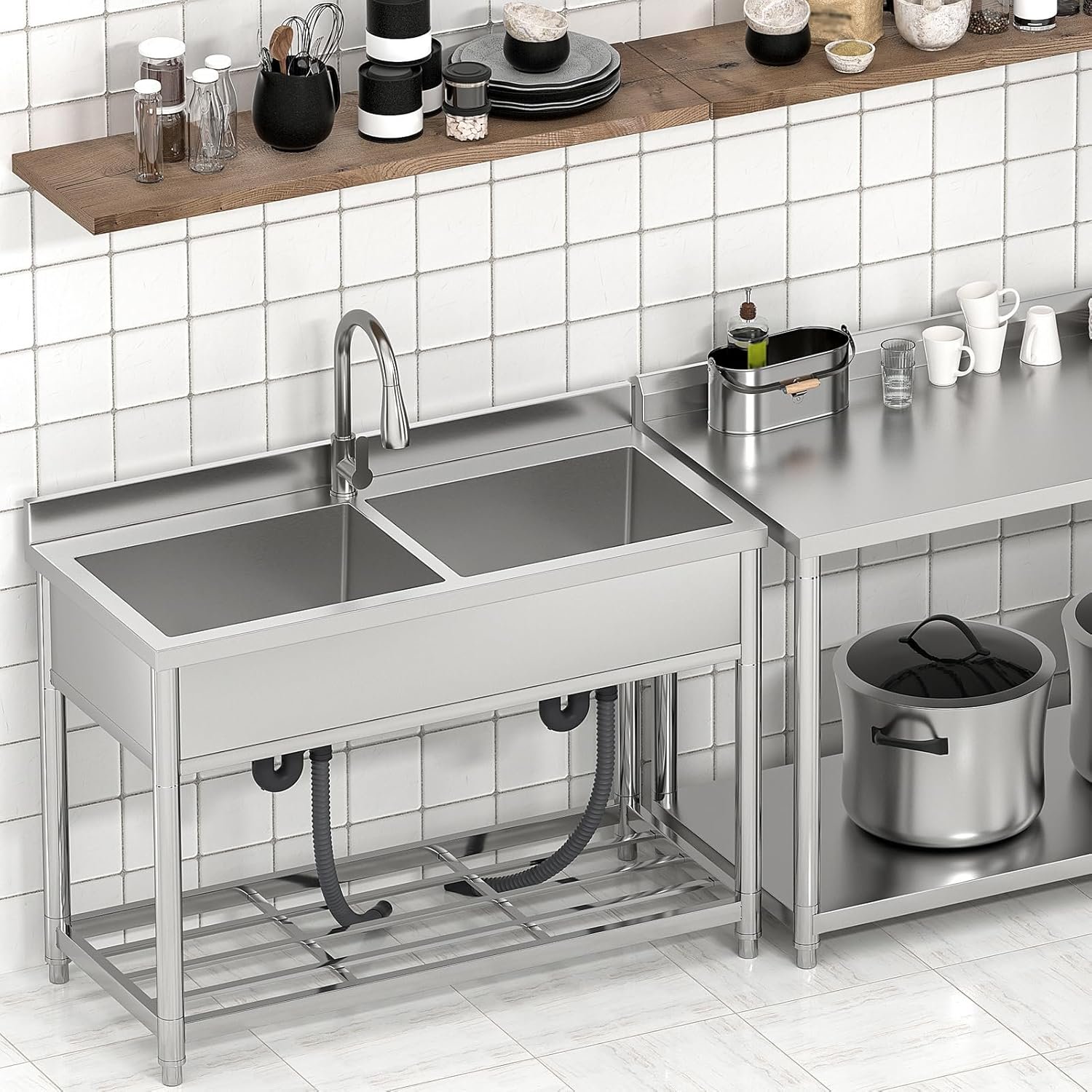2-Compartment Commercial Sink, Stainless Steel Utility Sink with Pull-out Faucet, Free Standing Double Bowl Kitchen Sink for Restaurant, Garage, Shop, Cafe, Outoor, 21.7"D x 47.2"W x 37"H - Image 5
