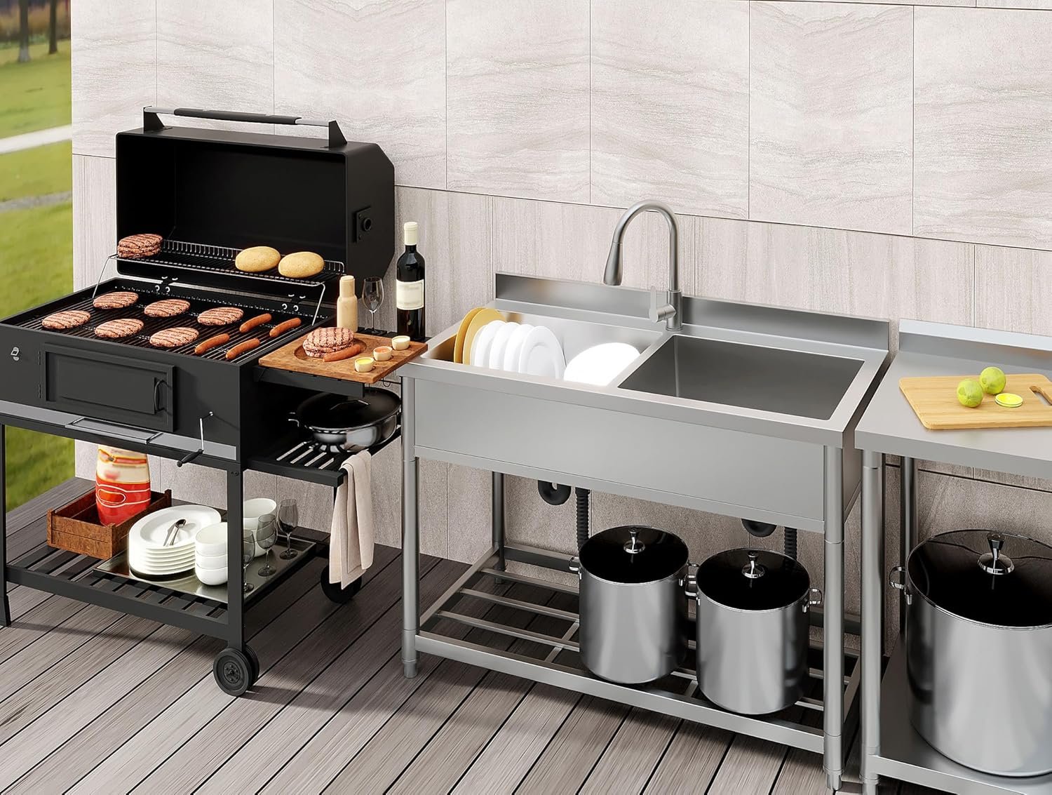 2-Compartment Commercial Sink, Stainless Steel Utility Sink with Pull-out Faucet, Free Standing Double Bowl Kitchen Sink for Restaurant, Garage, Shop, Cafe, Outoor, 21.7"D x 47.2"W x 37"H - Image 3